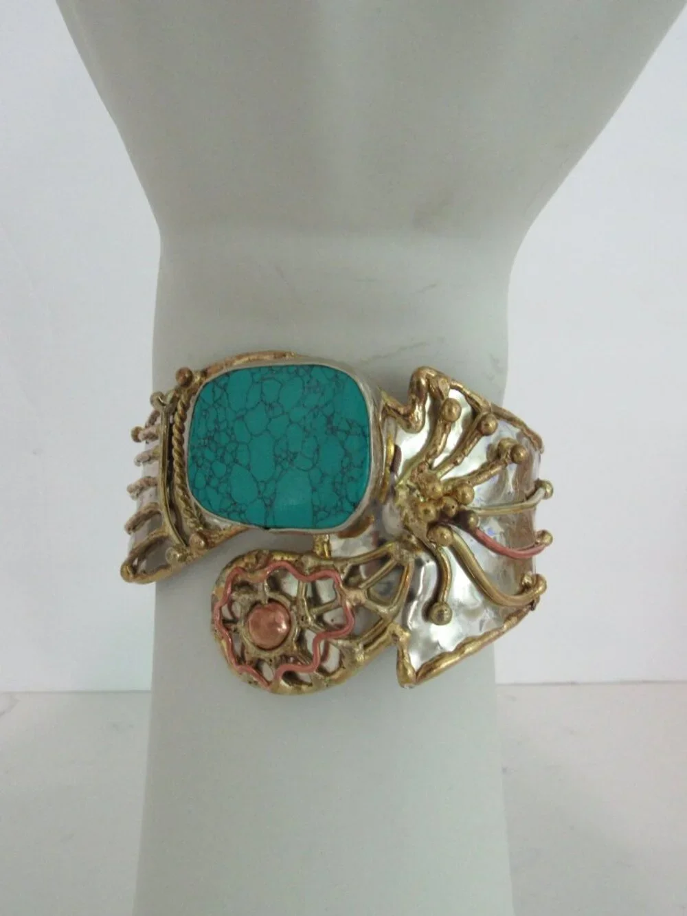 NEW Brutalist Mixed Metal Wrist Turquoise Cuff